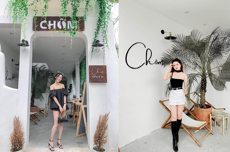 Không gian quán tràn ngập gam màu trắng, xanh, kết hợp cùng những bộ bàn ghế mây tre xinh xắn