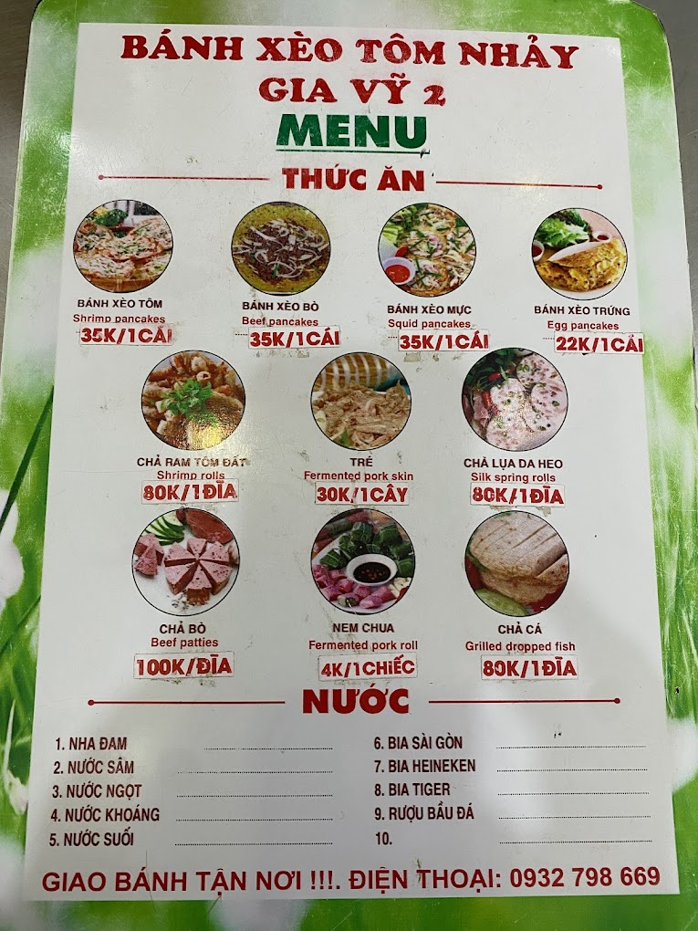 Chi tiết menu quán bánh xèo tôm nhảy Quy Nhơn Gia Vỹ
