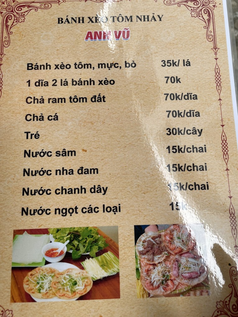 Menu kèm giá thành quán bánh xèo tôm nhảy Anh Vũ
