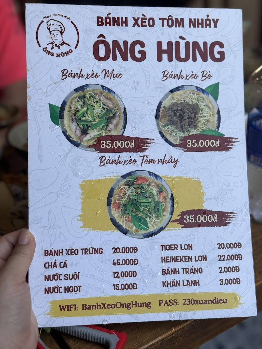 Thực đơn kèm giá thành tại quán bánh xèo tôm nhảy ông Hùng Quy Nhơn