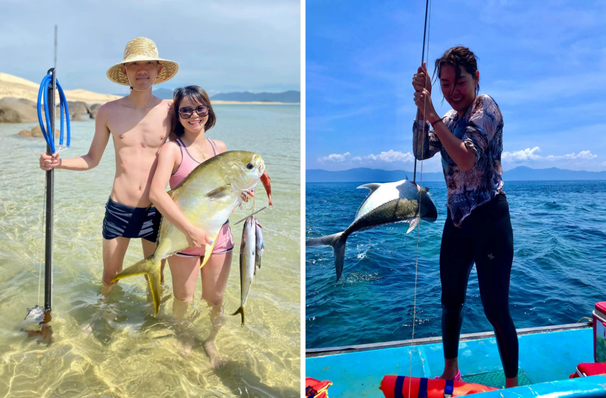 Nhiều khách du lịch cảm thấy thích thú với hoạt động săn cá cùng ngư dân trên đầm Đề Gi